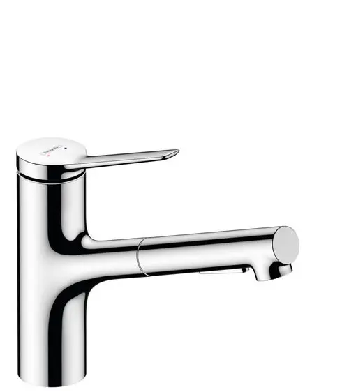 Hansgrohe Spültischmischer mit einem höhenverstellbaren Auslauf und einem Hebel für die Wassersteuerung, in einem glänzenden Chrom-Finish.